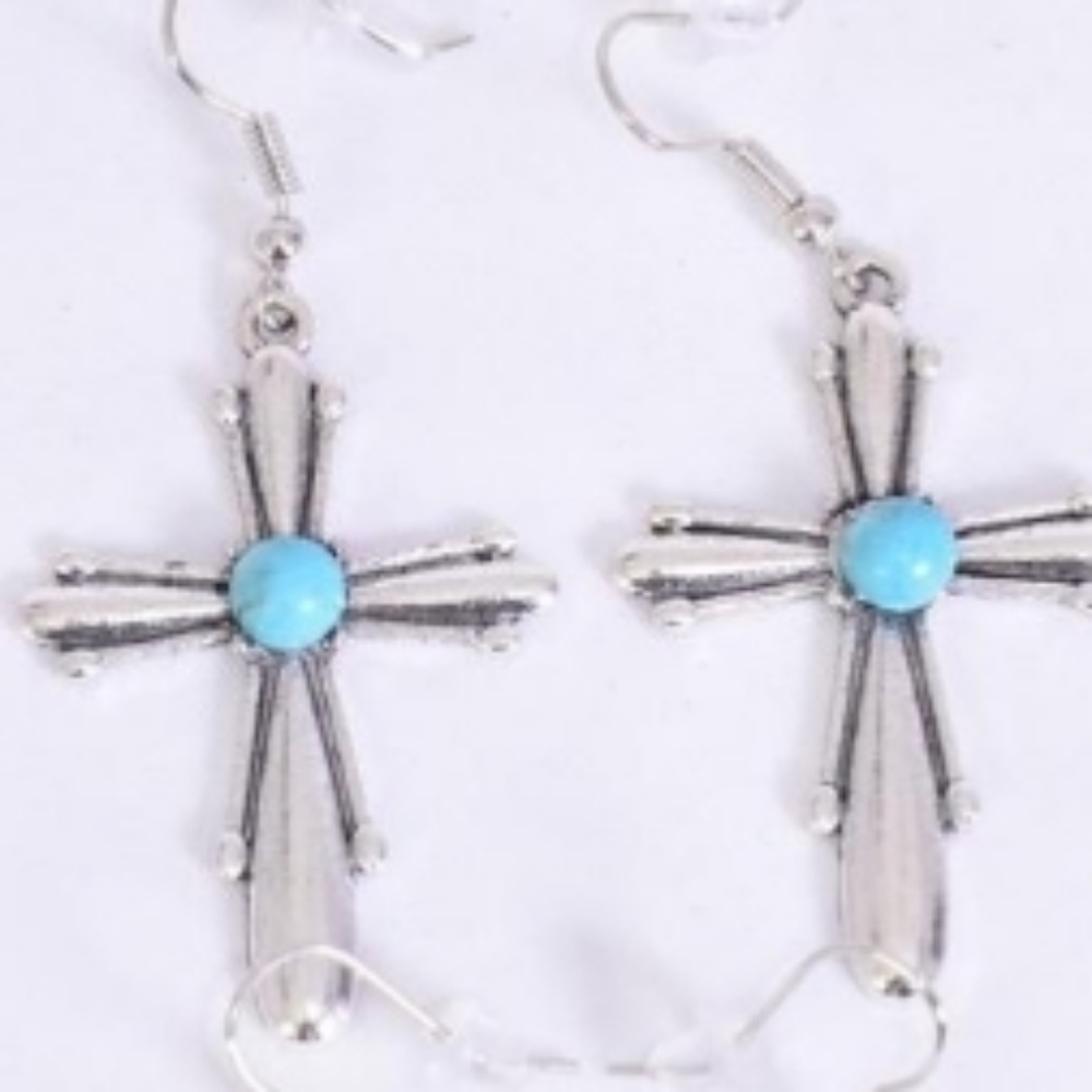 Silver Cross Earrings with small Blue Semiprecious Stones   New in packa…